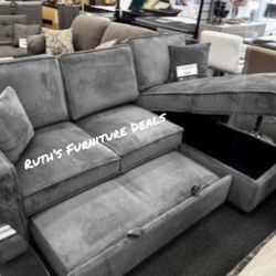 ✅$375 No Tax 2-pc Sectional Sofa With Pull - Out Bed & Storage Chaise Dark Grey Corduroy 