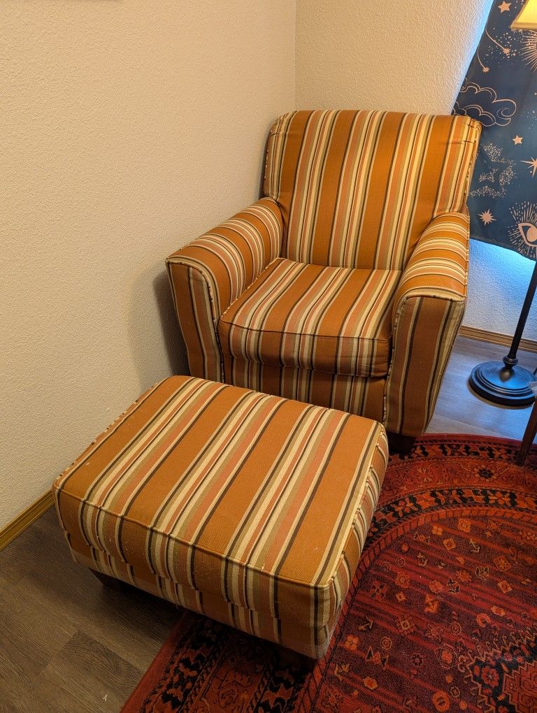 Orange Striped Arm Chair With Ottoman 