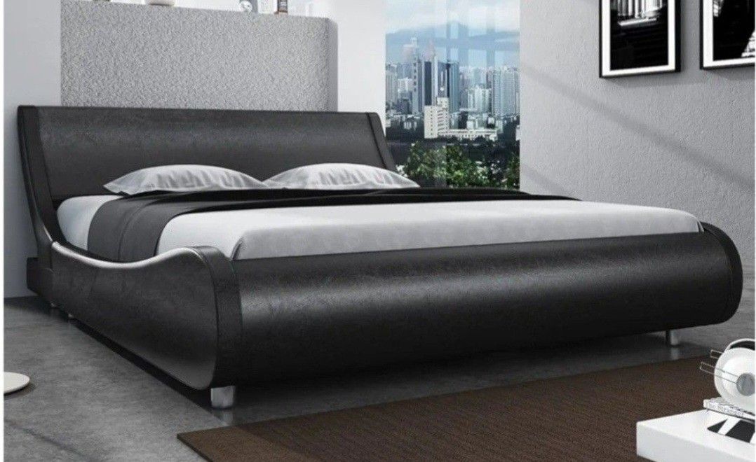 SHA CERLIN Modern Low Profile Platform Bed Frame Queen Size, Stylish Faux Leather Upholstered Sleigh Bed with Adjustable Headboard, No Box Spring Need