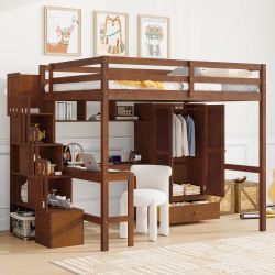 Sorrel Full Size Loft Bed with Built-in Desk, shelves and Wardrobe