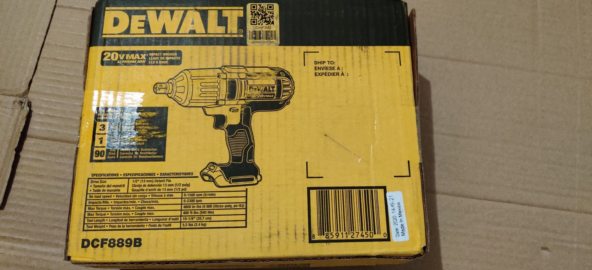 NIB: DCF889B Cordless 1/2 in. High Torque Impact Wrench with Detent Pin (Tool-Only)