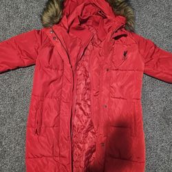 Liverpool FC L.F.C. Red Long Puffer Parka Coat Faux Fur Hood Size 10