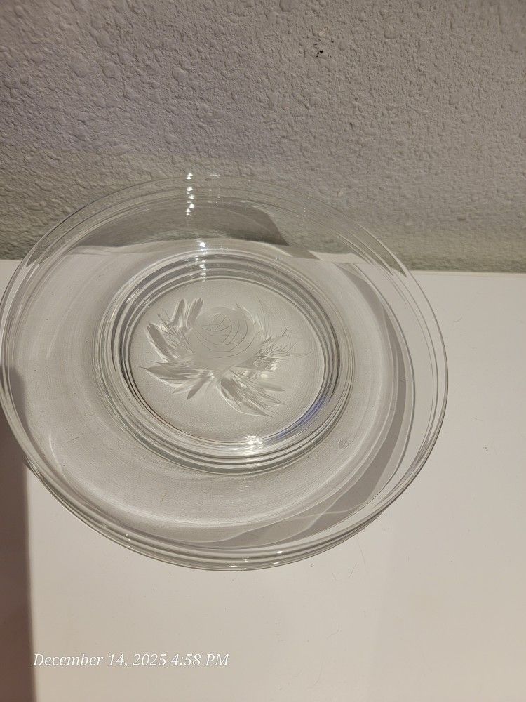 Set Of Four Vintage Clear Glass Plates In FOSTORIA ROSE Pattern