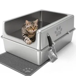 Pwtaa Enclosed Stainless Steel Cat Litter Box with Lid, Oversize Metal Litter Box for Multi Cats, XXXL Supersize Cat Toilet with High Side, Non-Stick,