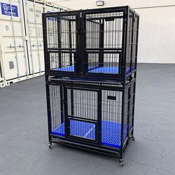 (Brand New) $310 Stacking Dog Crate 37”x25”x64” Heavy-Duty Cage Folding Kennel w/ Plastic Tray (Set of 2)