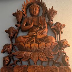 Handmade Enlightened Buddha Wood Relief Panel