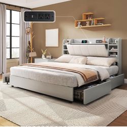 Queen Size Bed Frame with Storage and Charging Station – New in Box