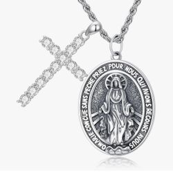 STERLING SILVER MEDAL VIRGIN MARY NECKLACE 1.8c Diamonds. TWO CHAINS!