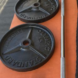 OLYMPIC BARBELL 2-45lb PLATES, BATTLE ROPES, ARM BLASTER
