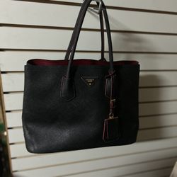 Prada Saffiano Double Medium Leather Bag Black Red