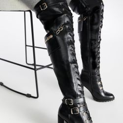 Yishaweiqi Buckle Strap Wide Calf Thigh High Boots for Women Chunky Block High Heel Over The Knee Boots Lace up Riding Combat Boots Ladies Side Zipper