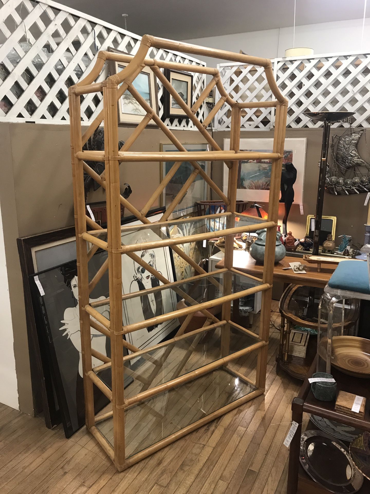 Vintage Rattan Etagere Bookshelf Bookcase Bamboo Mid Century Modern Chippendale Boho