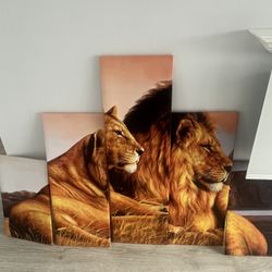 Large Lion Wall Art – 5 Panel Canvas (Modern Wildlife Decor) Vintage Style Santa Claus Christmas Canvas Painting