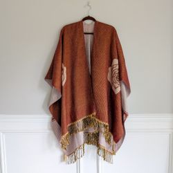 Women's Floral Rose Poncho / Shawl, Rust