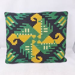 Handmade Green Yellow Cross Stitched Throw Pillow Bohemian Hippie Needlepoint

