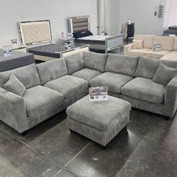 Sectional Sofa Couch,With Ottoman Grey Corduroy Fabric