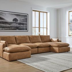 Marlaina Caramel Modular Sectional Sofa 4pc Sectional w/ Double Chaise