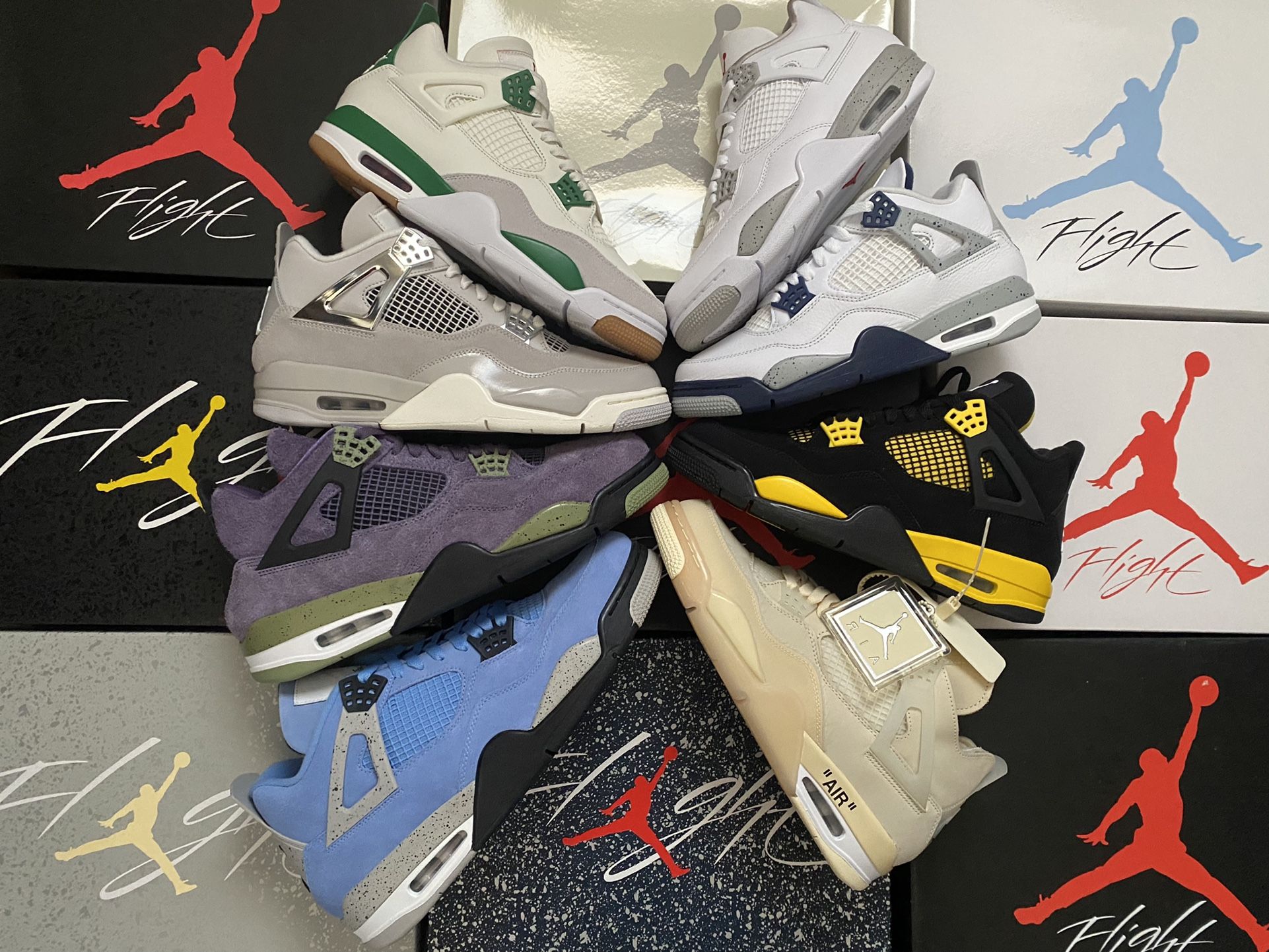 Jordan 4 UNC Craft Frozen Pinee Green Oreo Midnight Navy Yellow Thunder Off White Black Cat