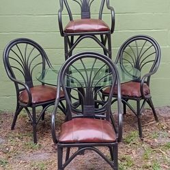 Rattan Table Set With Leather Chairs 