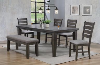 Beautiful Grey-Brown Dining Room Set With 4 Cushioned Chairs And Bench