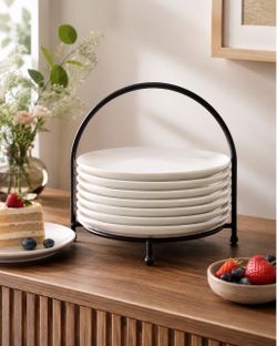 Maison Blanc 8-Piece White Porcelain Dessert Plates with Metal Rack