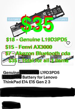 Genuine L19D3PD5 Battery for Lenovo ThinkPad E14 E15 Gen 2 3. $18 FENVI WiFi 6 AX200 PCle Card, 3000Mbps, Ultra Low Latency, Win10/11 Intel AX200 Chi