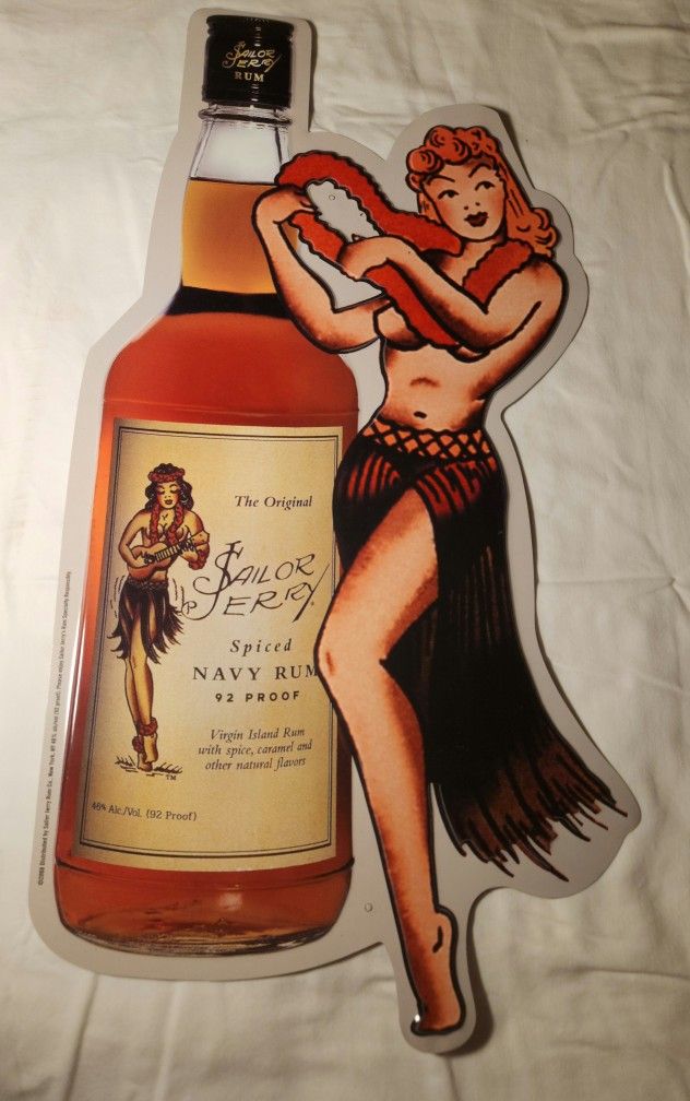 (RARE) SAILOR JERRY SPICED RUM HULA GIRL TIN METAL SIGN (NEW)