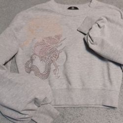 Women's Size Small Dragon Stitched Logo Sweatshirt Thick  Puffed Arms Grey Warm
