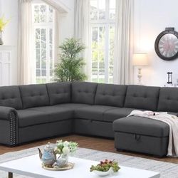 Extended 114" Pull Out Sleeper Sofa Bed Sectional Couch With Storage Chaise Patio Furniture Set
