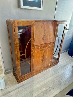 Art Deco burl walnut and wood veneered beverage display and secretaire cabinet