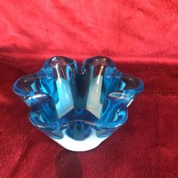 Vintage Sasaki Glass Company Blue Biomorphic Art Glass Ashtray