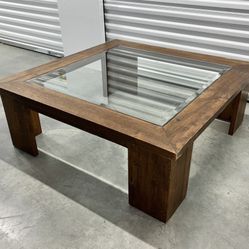 Vintage Mid Century Square Glass Wood Coffee Table 