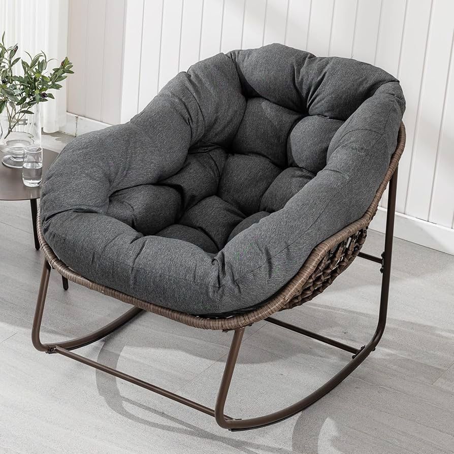Outdoor Papasan Rocking Chair - Oversized Comfy Patio Chair Indoor Egg Royal Rattan Rocking Chair with Cushion for Front Porch Lounge Lawn Bedroom Liv