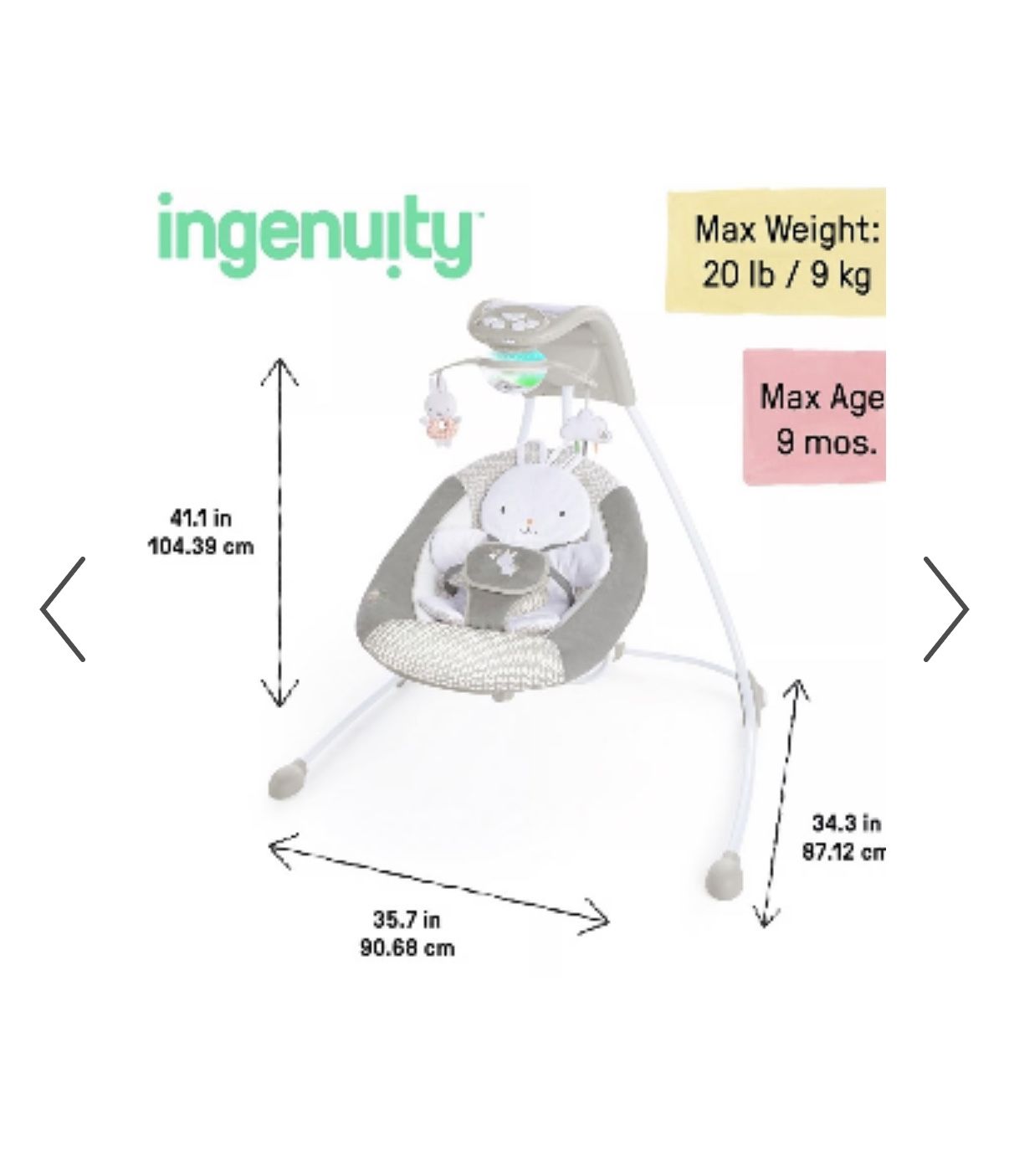 Ingenuity InLighten 6-Speed Foldable Baby Swing with Light Up Mobile, Swivel