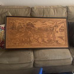 Large Vintage Carved Wooden Asian Landscape Artwork