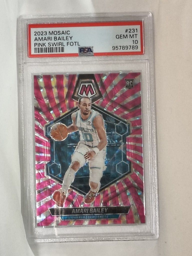 The 2023 Panini Mosaic #231 Amari Bailey Pink Swirl Fotl Prizm Rookie RC 13/18 PSA 10 trading card is a highly sought-after collectible item for baske