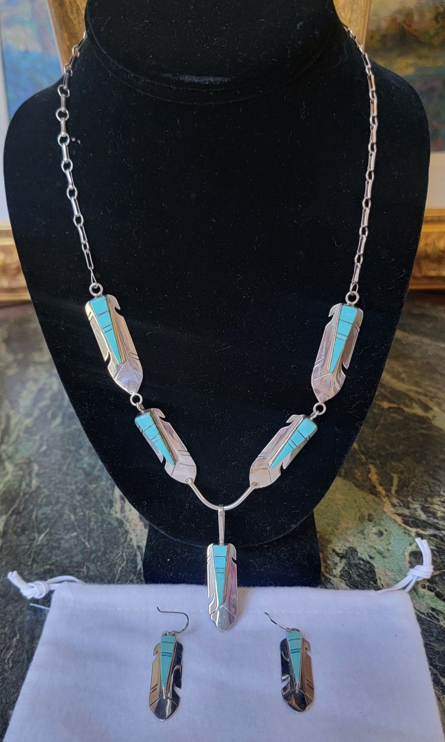 NEW SET YZ YAZZIE NATIVE AMERICAN NAVAJO STERLING SILVER TURQUOISE NECKLACE EARRINGS