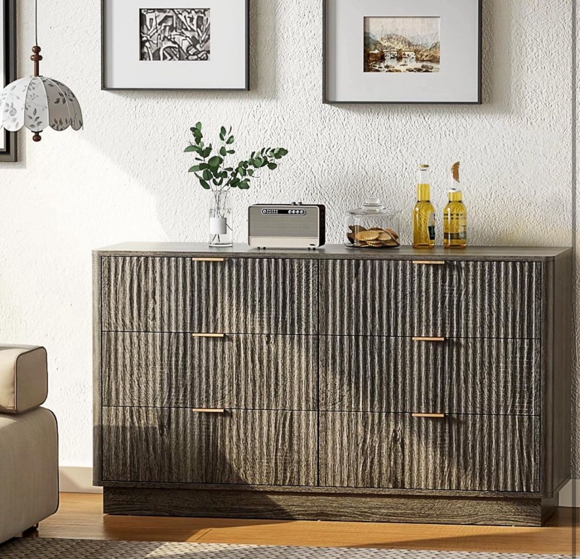 Elegant Fluted 6 Drawer Double Dresser for Bedroom, 47.2“ Wide Mid Century Modern Wood Chest with Round Edge Design, Shallow Bedroom Storage for Cloes