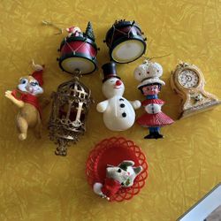 Lot of Vintage Flocked/Blow Mold/other Christmas Clock/Drum/Bird Cage Ornaments
