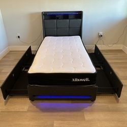 Rolanstar Twin Size Bed  With LED Lights & Charging Station