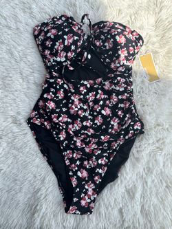 Michael Kors Floral One-Piece Swimsuit — Pink & White Flowers on Black Size large