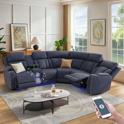 High Quality super comfortable LED on bottom  Bluish Gray Sandy Leather Living Room 3-Piece Intelligent Recliner Sofa Set w/ USB BLUETOOTH SPEAKERS CU