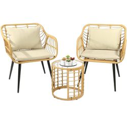 Patio 3-Piece Bistro Sets, Outdoor Wicker Conversation Table and Chairs Set of 2 with Glass Top Side Table and 2 Ergonomic Chairs for Small Porch, Bac