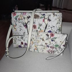 White Floral Purse With Wallet And Extra Strap