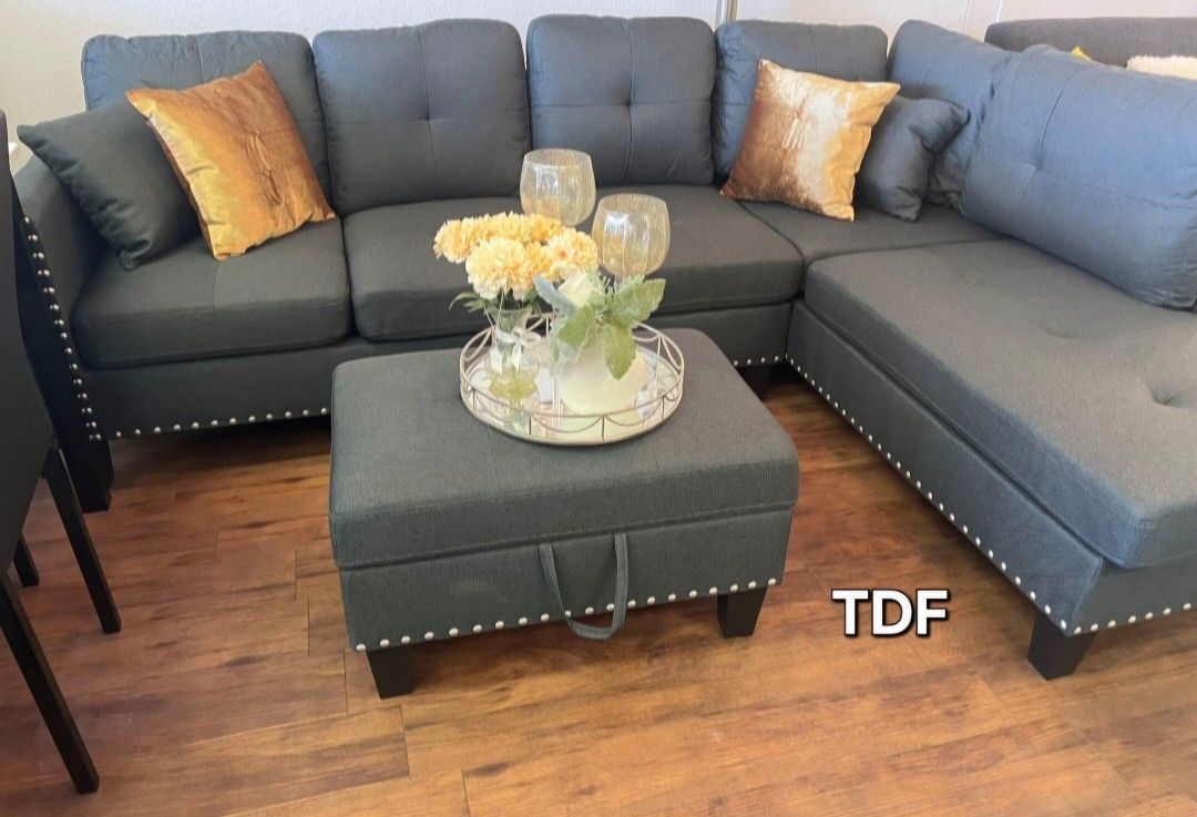 Charcoal Grey Linen Sectional Sofa +Storage Ottoman (New In Box)