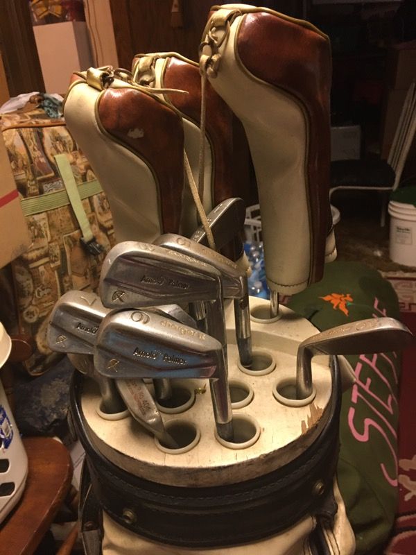 Burton golf clubs and leather bag
