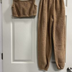 Shein Girls Brown Fleece Lounge Set Bottoms & Cami Top - Size 11 - 12 - VGUC