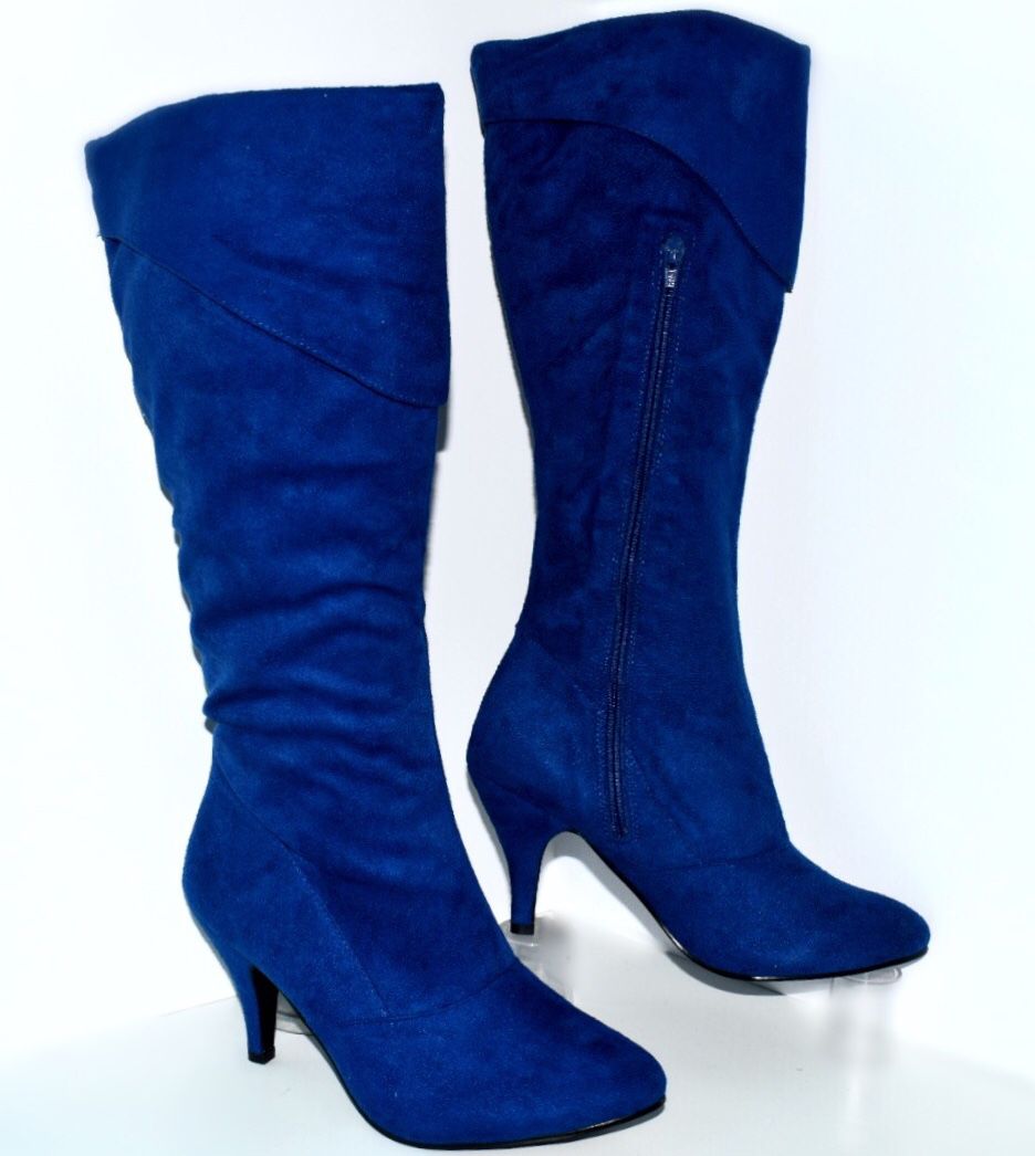 BRAND NEW Blue faux suede, knee high, heeled boots