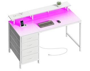Huuger 47 Inch Computer Desk with 4 Drawers, Power Outlets & LED Lights, White - Brand New
