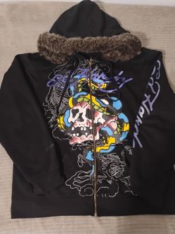 Large Ed hardy zip up with fur hoodie